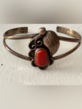 Vintage Sterling Silver Cuff Bracelet with Red Coral Stone